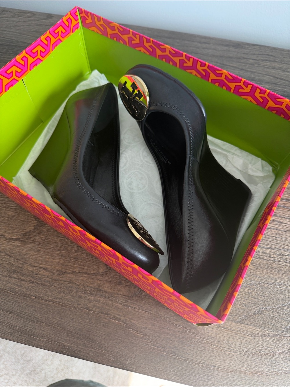 Tory Burch Black Leather Wedge Pumps with Gold Logo Accent